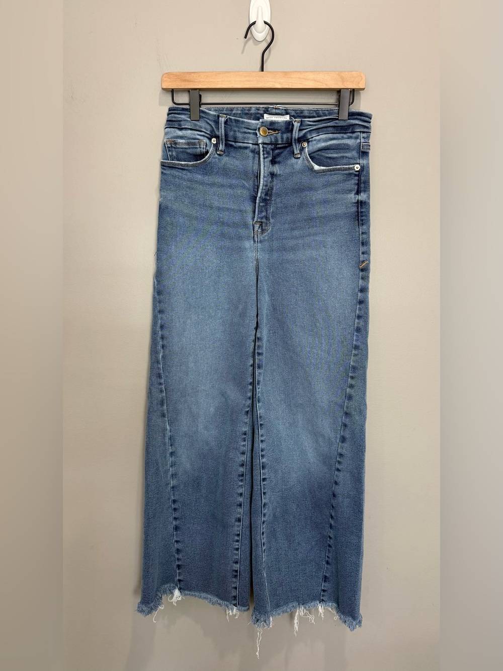 Good American Good Waist Palazzo Crop Jeans Indigo394 Raw Hem 6/28